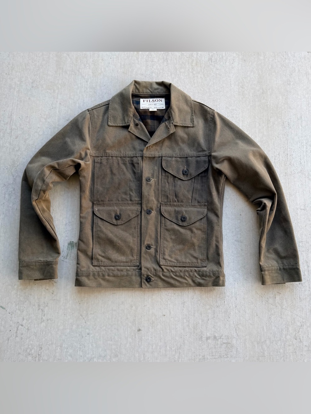 Filson Tin Cloth Cruiser Jacket Men Size XS Waved Cotton Brown Short Lined